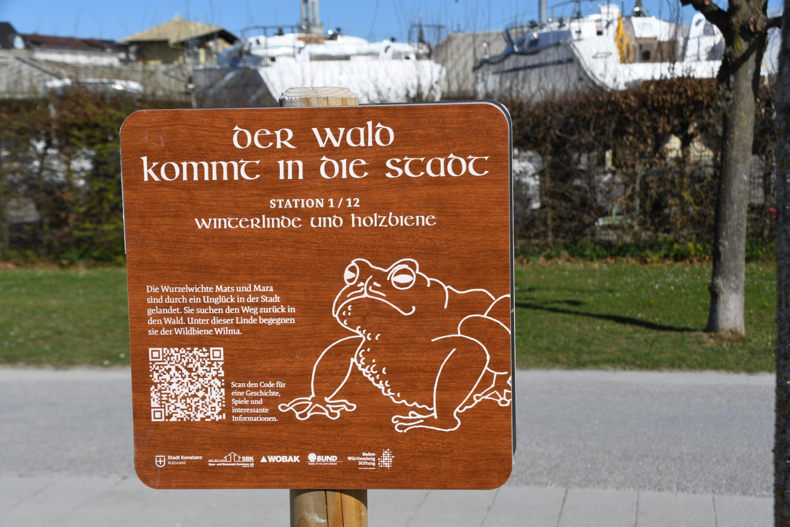 Schild der ersten Station des Baumerzählpfads