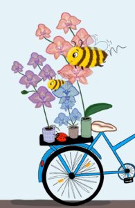 Ein selbstgemaltes Bild. Drei Orchideen stehen auf dem Gepäckträger eines blauen Fahrrads. Zwischen ihnen liegt ein kleiner Marienkäfer. Auf die Pflanzen kommen zwei neugierige Bienen zugeflogen.
