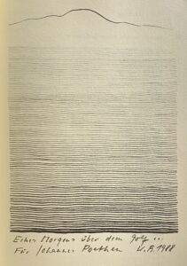 Eine Art Berg, durch feine Linien figuriert. Darunter in Textform: Eines Morgens über dem Golf... Für Johannes Poethen. W. B. 1988