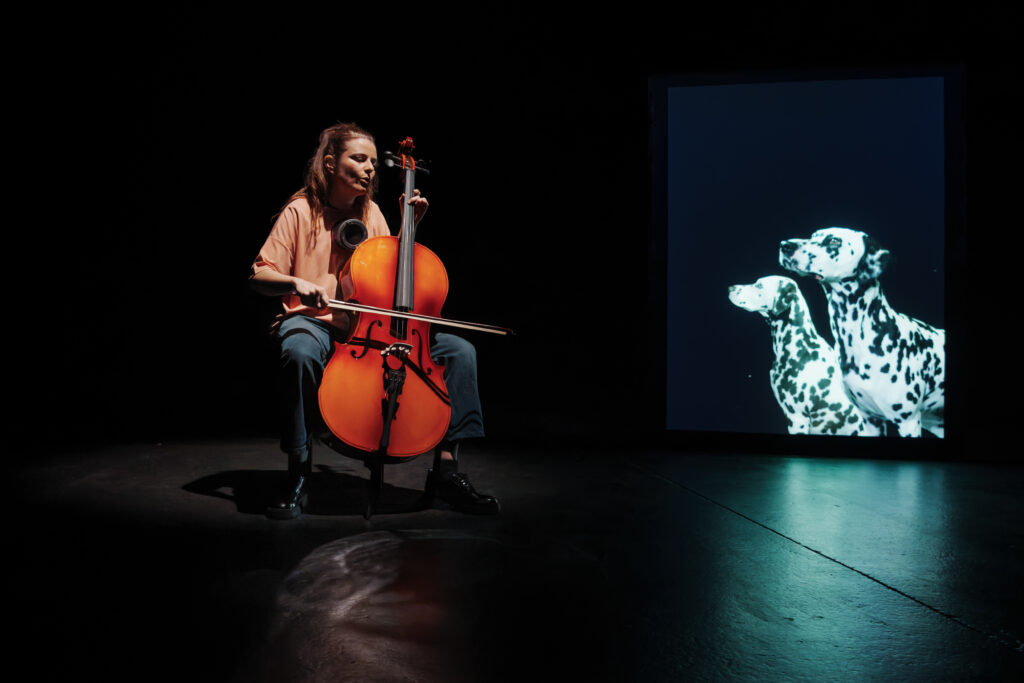 Sarah Hugentobler musiziert auf der Bühne. Im Hintergrund zeigt eine Videoprojektion zwei Dalmatiner.