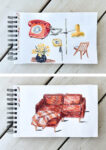 Illustrationen von Alltagsgegenständen: Couch, Schnurtelefon und Ähnliches
