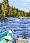 Farbige Illustration von einem Boot auf dem Wasser am Steg, am Ufer erheben sich Bäume.