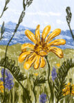 Illustration einer Blume vor einer Wiese, im Hintergrund sind Berge zu sehen.